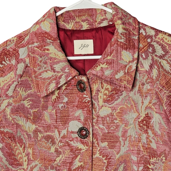 J.Jill Pink Gold Floral Pearl Button Front 3/4 Sleeve Collar Tapestry Jacket 2X - Picture 2 of 10